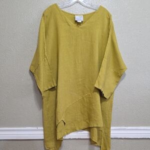 La Fixsun Linen V-neck Oversized Mustard Yellow Tunic Top Size L